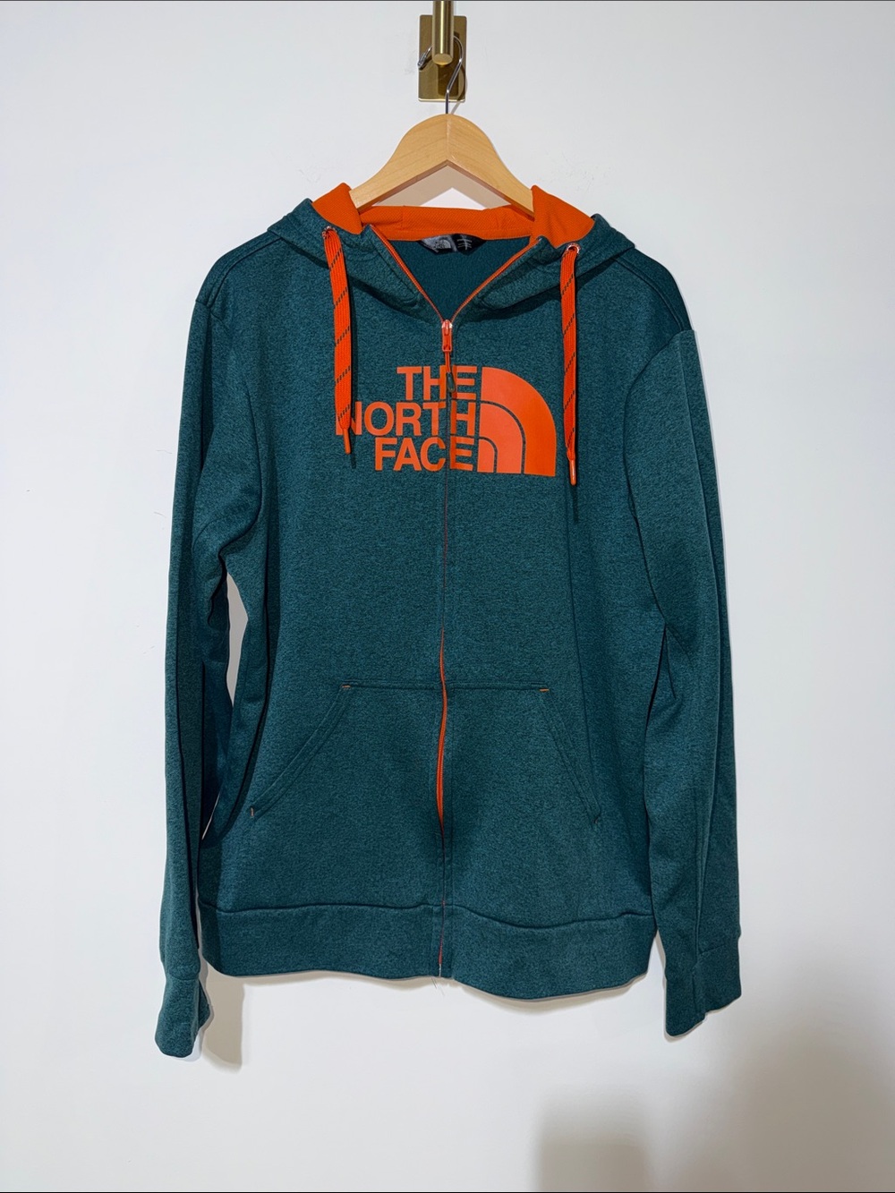 The North Face Men's Teal Zip Hoodie with Orange Logo & Trim size large